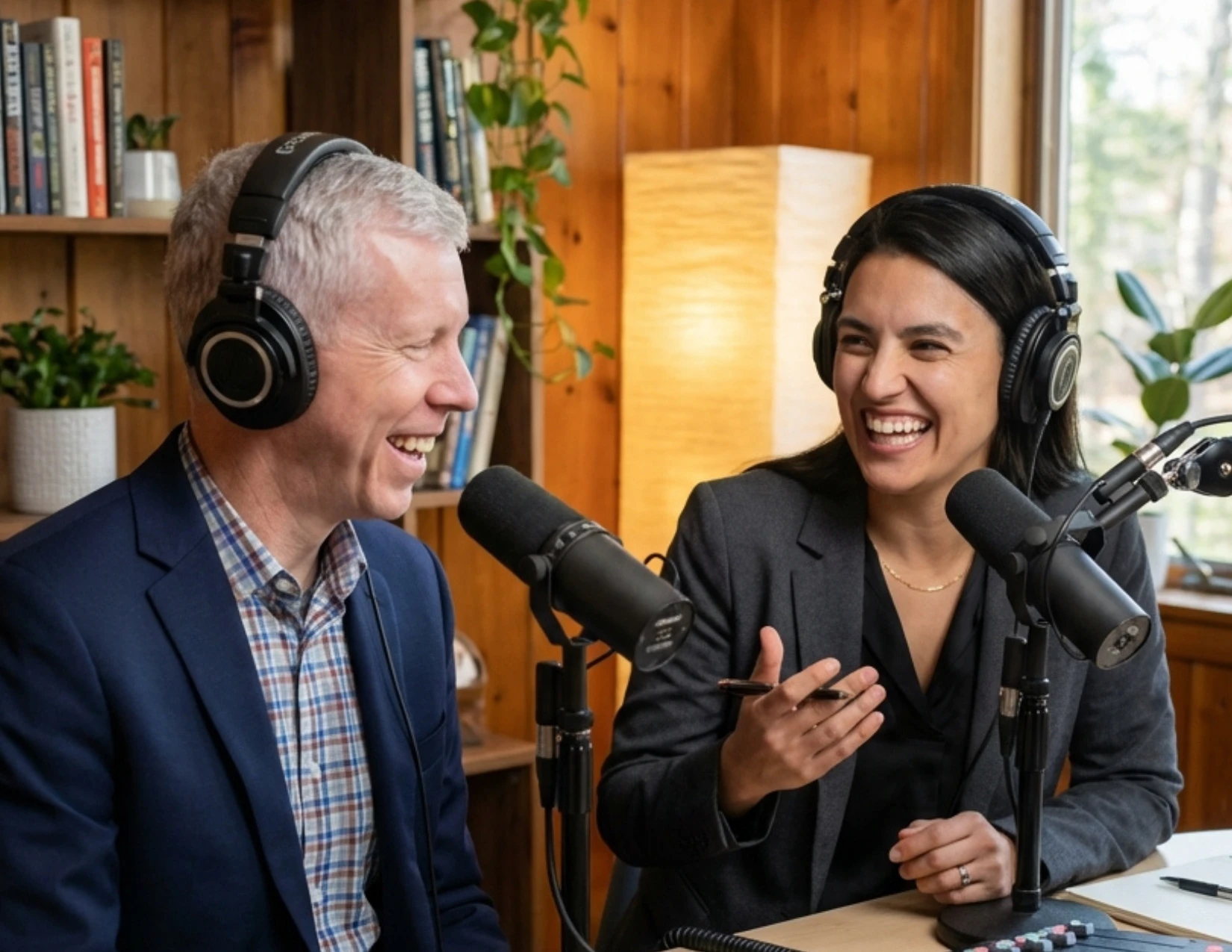 Mike Mitchell and Alissa Condra recording a podcast together, laughing
